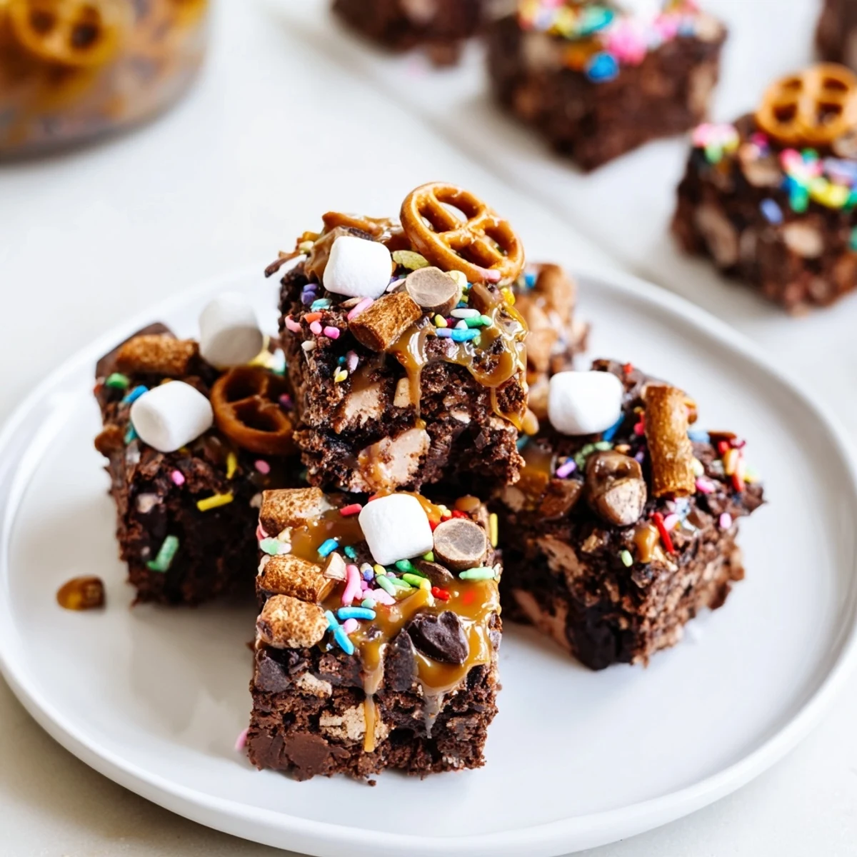 Fudgy Chaos Chocolate Cake Bites, studded with sprinkles, pretzels, and marshmallows; a delicious treat.