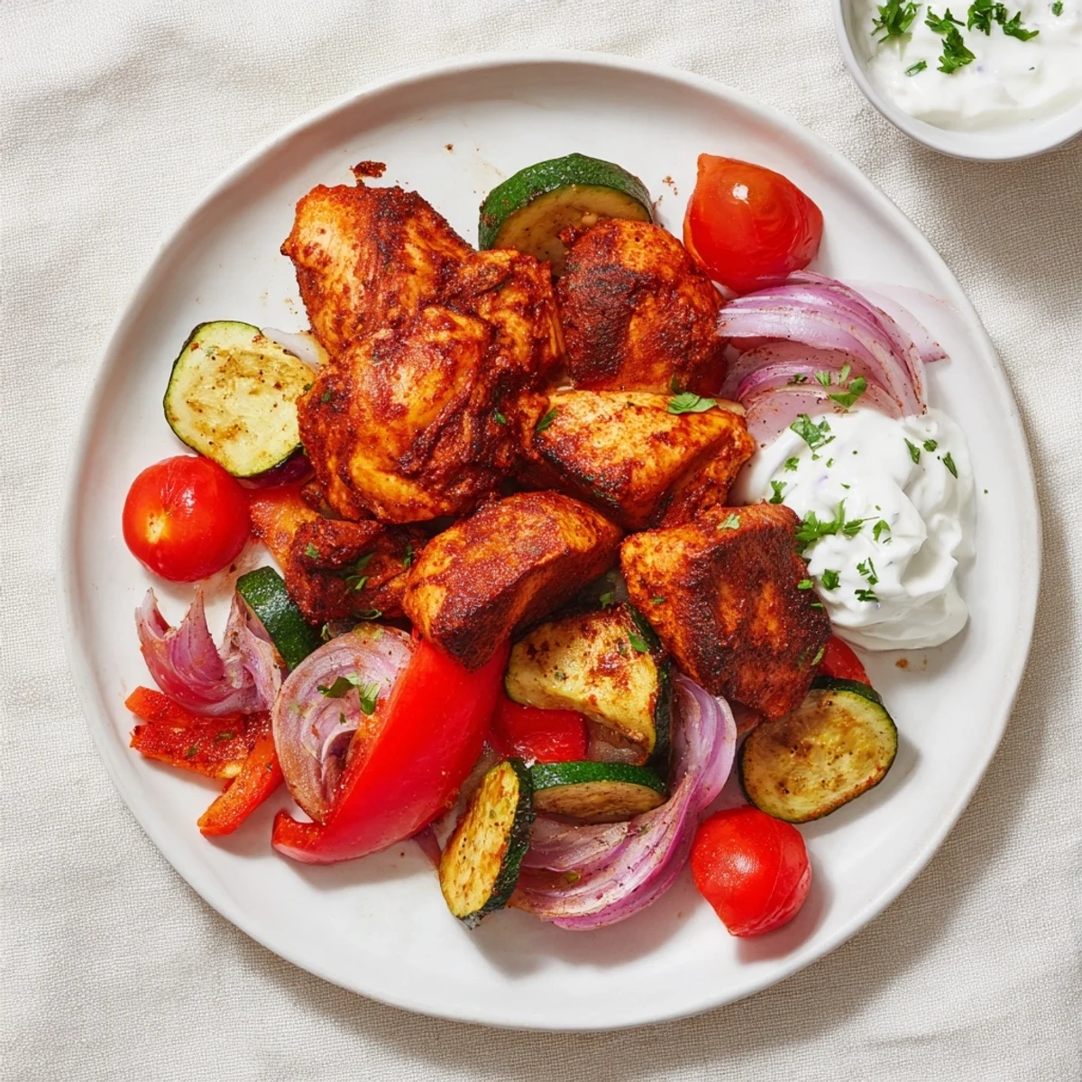 Sheet Pan Chicken Shawarma, golden chicken and roasted vegetables served with fresh pita.