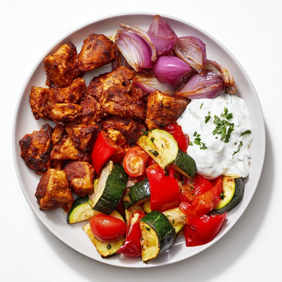 Vibrant sheet pan chicken shawarma with colorful peppers and tomatoes, ready to be wrapped.