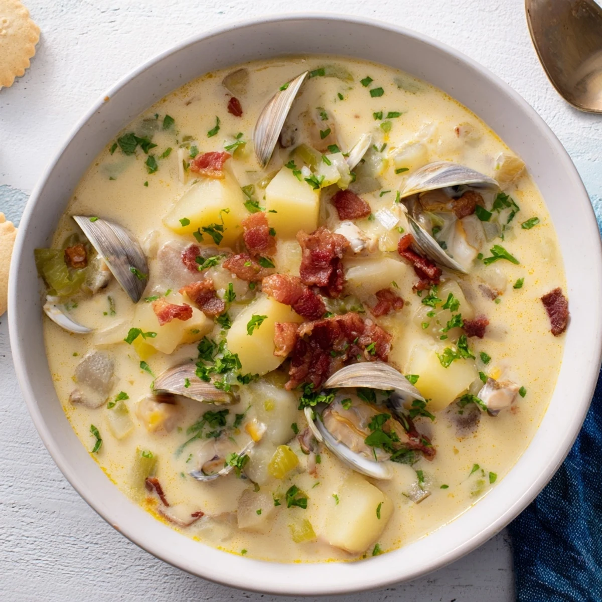 Creamy New England Clam Chowder with visible bacon bits—a comforting and delicious Northeastern classic.