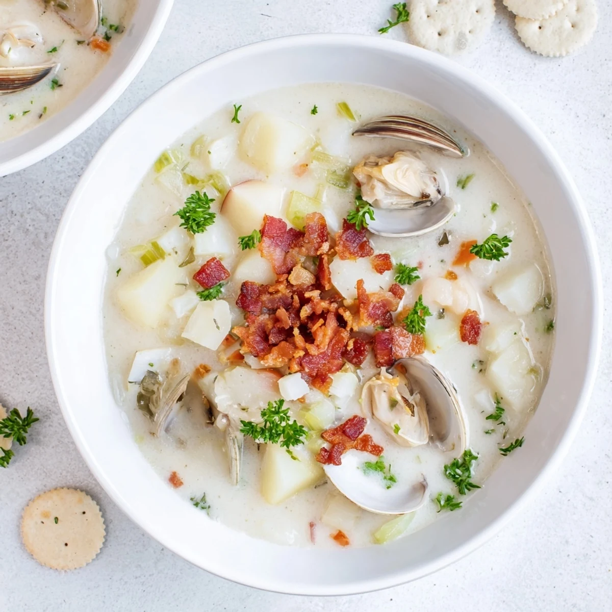 A steaming bowl of fresh New England Clam Chowder, thick and rich with tender clams.