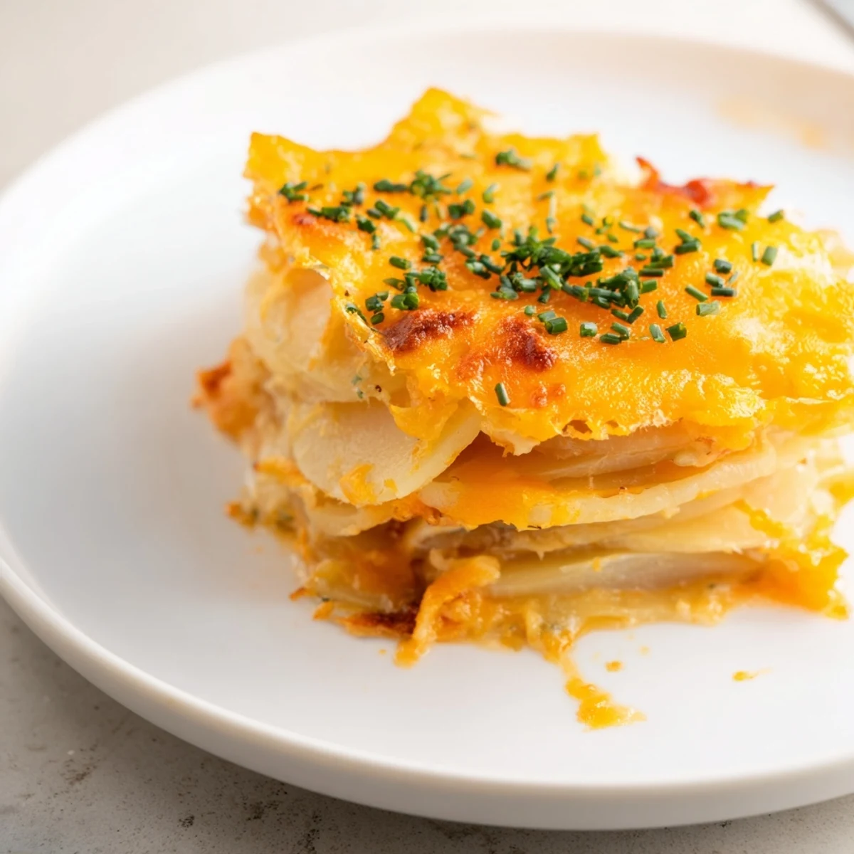 Creamy layers of tender potatoes smothered in cheddar become classic Cheesy Scalloped Potatoes, ready to serve.