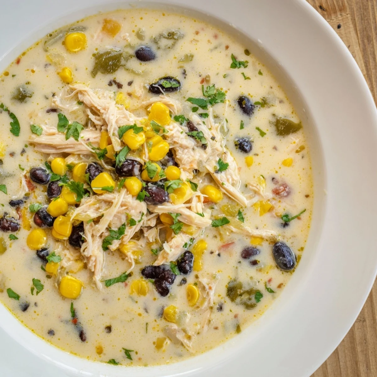 A close-up of hearty Chicken Poblano Soup, showcasing the tender chicken and colorful vegetables in a bowl.
