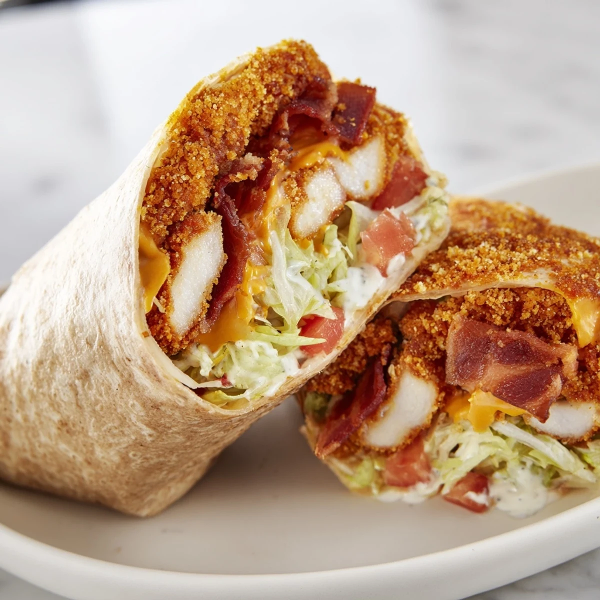 Golden-brown, crispy chicken bacon ranch wrap, overflowing with fresh ingredients and creamy dressing.