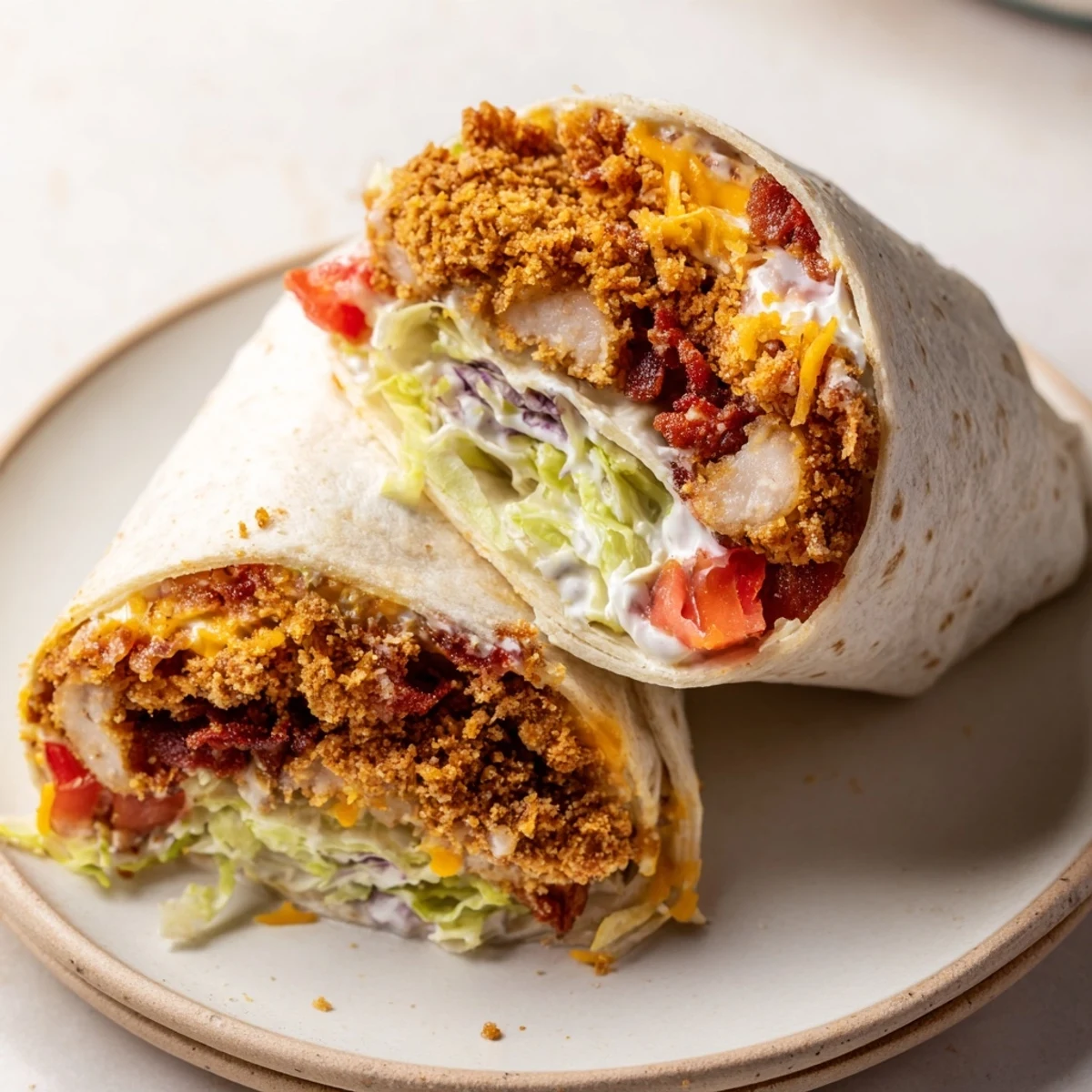 A close-up of a delicious crispy chicken bacon ranch wrap, showcasing the layers and textures inside.