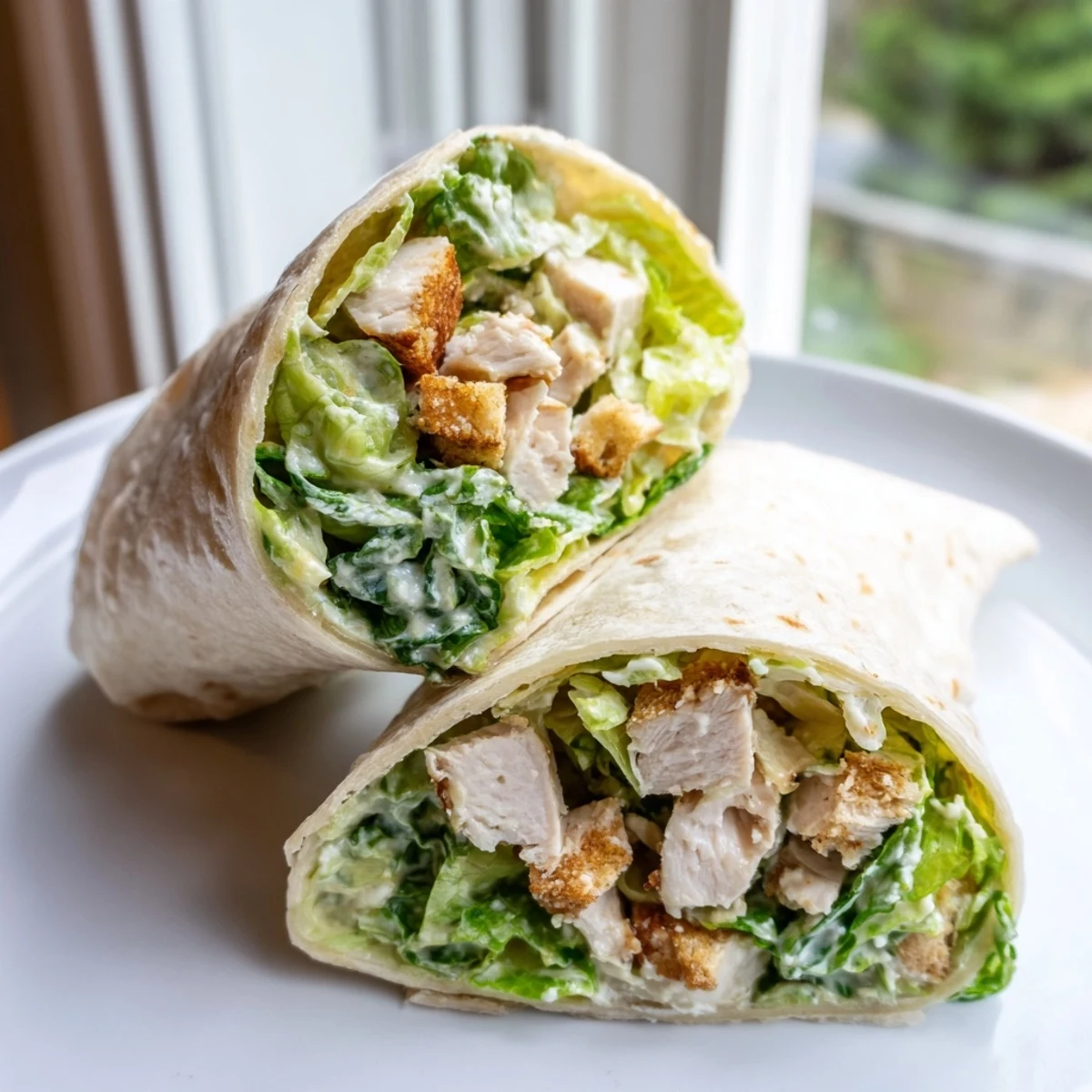 Chicken Caesar Wraps are shown, filled with chicken and lettuce, ready to eat for a delicious lunch.