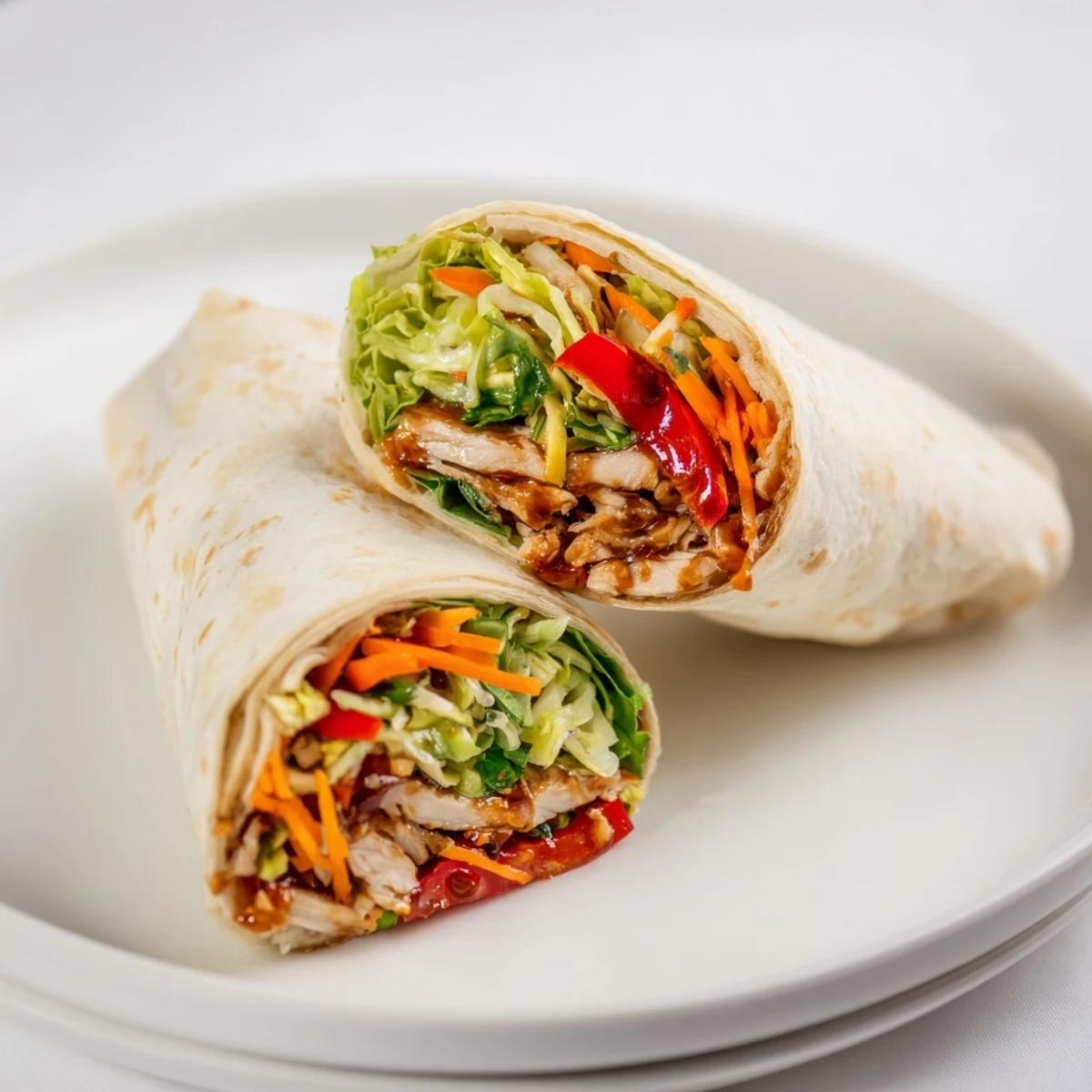 Teriyaki chicken wrap sliced in half, showing the juicy chicken and colorful vegetables inside.