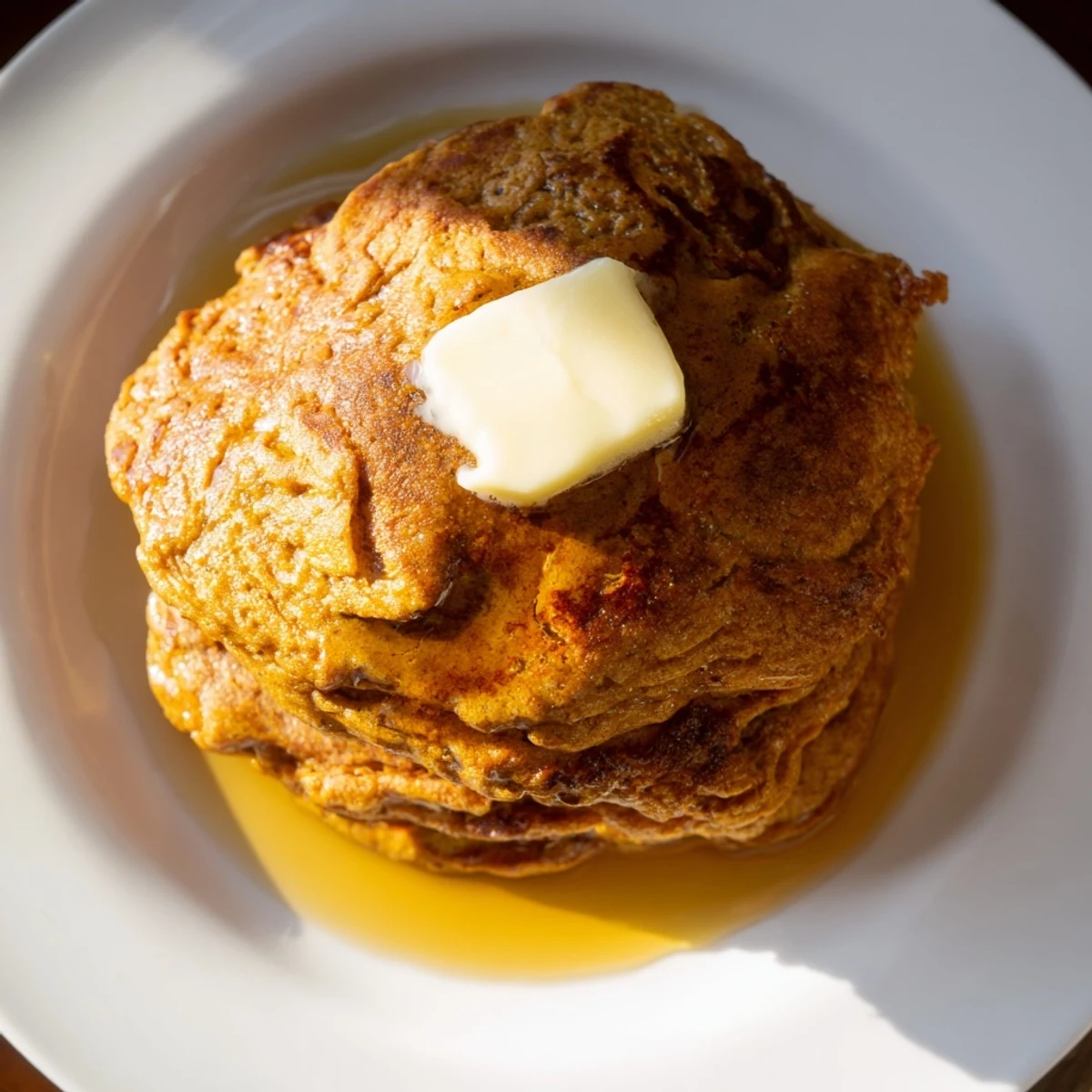 Hearty gingerbread pancakes, perfectly cooked and ready to be topped with whipped cream and pecans.