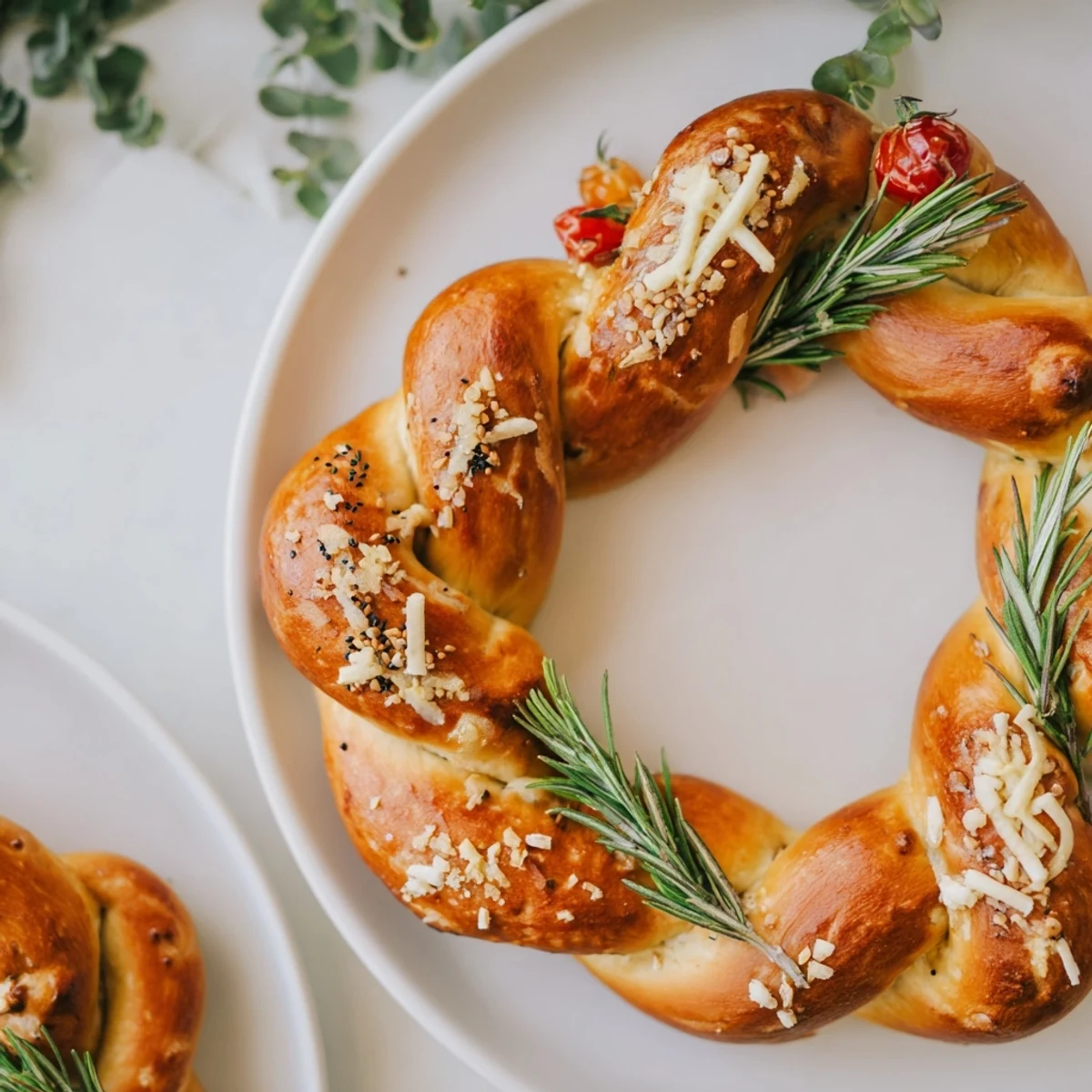 A freshly baked Budget Holiday Pretzel Wreath, its twisted dough sprinkled with coarse salt and seeds.