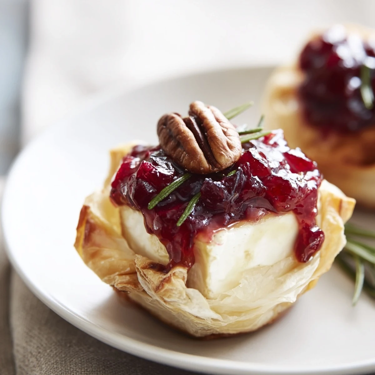 Golden, bubbly Express Cranberry Sauce Brie Bites topped with vibrant cranberry sauce and herbs.
