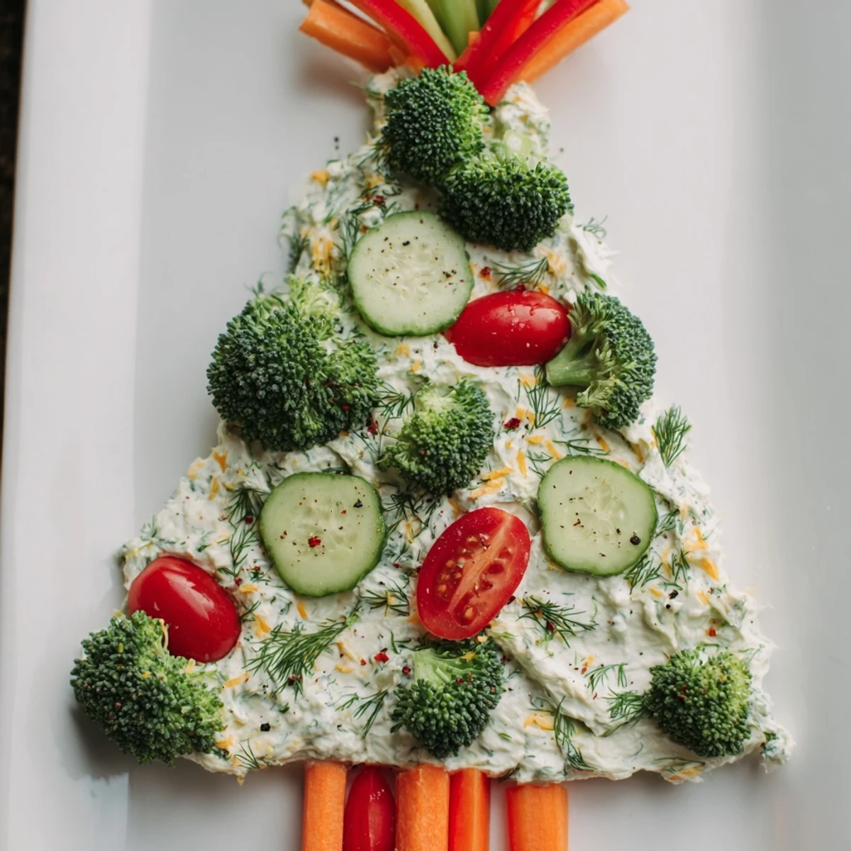 Creamy, green-hued Simplified Christmas Tree Dip glistens amidst a vibrant array of fresh vegetables perfect for dipping.