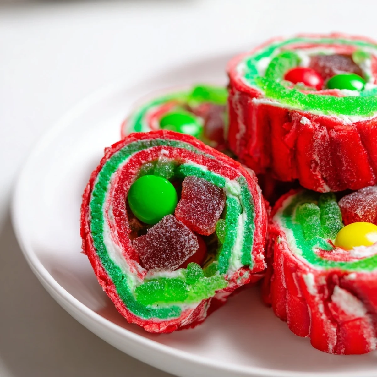 Close-up of freshly made Easy Christmas Fruit Rollup Sushi rolls glistening with sprinkles and candies, delicious!