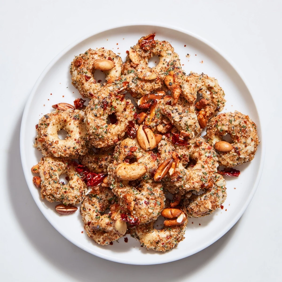 A close-up of a bowl of the delicious Air Fryer Bagel Chip Christmas Mix, ready to serve and share.