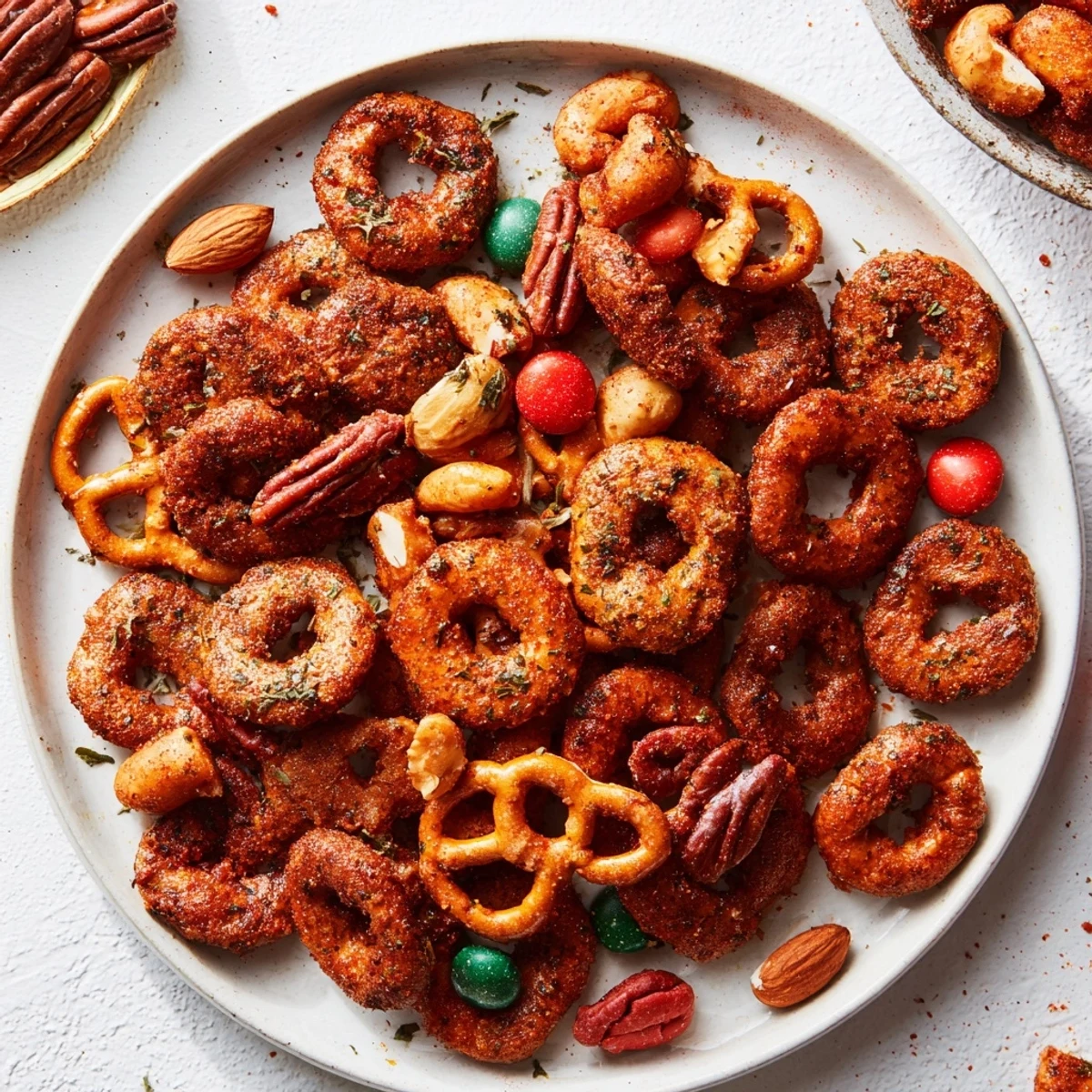 Homemade air fryer bagel chip Christmas mix: a sweet and savory holiday snack with a buttery glaze.