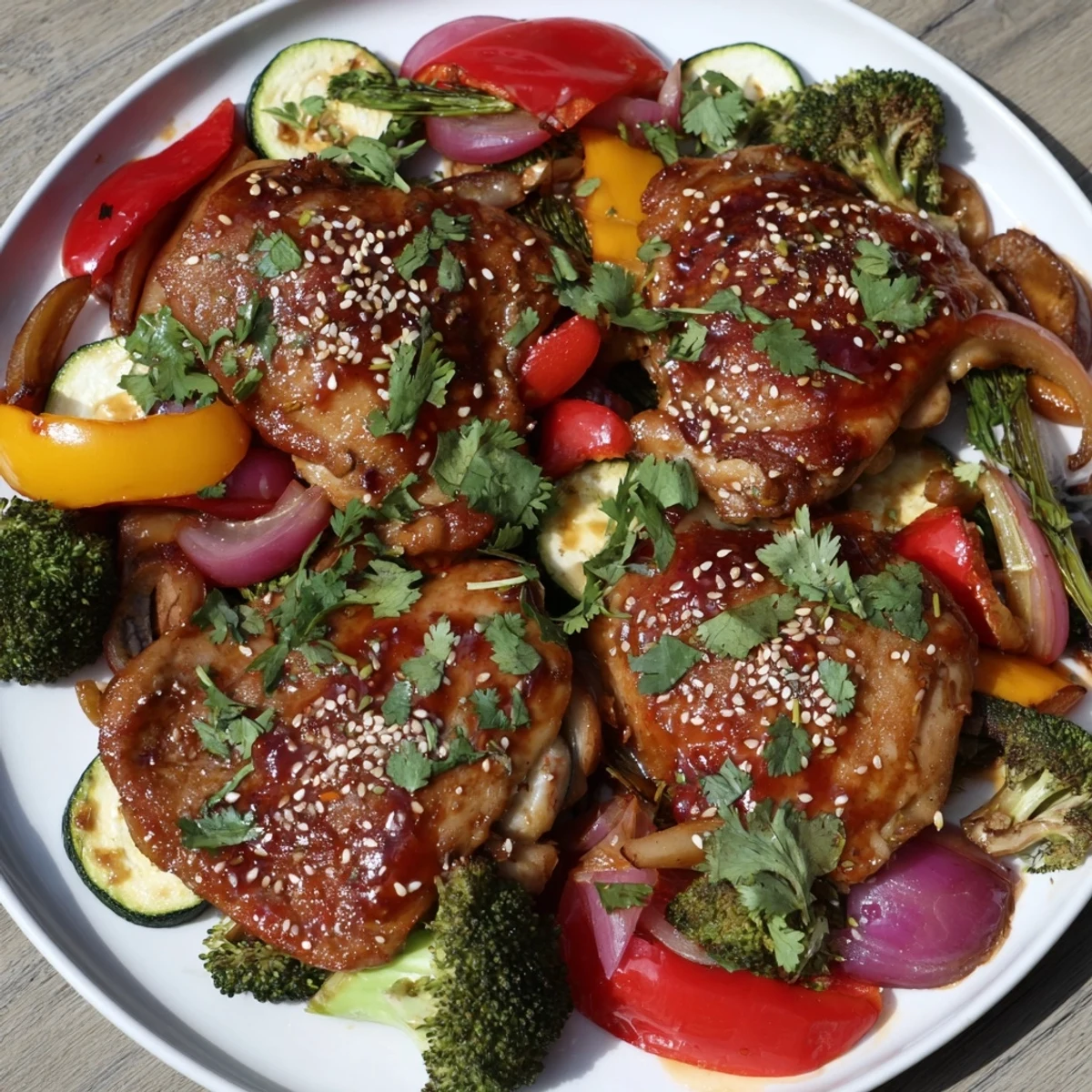 Golden, glazed Spicy Honey-Garlic Chicken Sheet Pan, featuring chicken nestled amongst roasted vibrant vegetables.