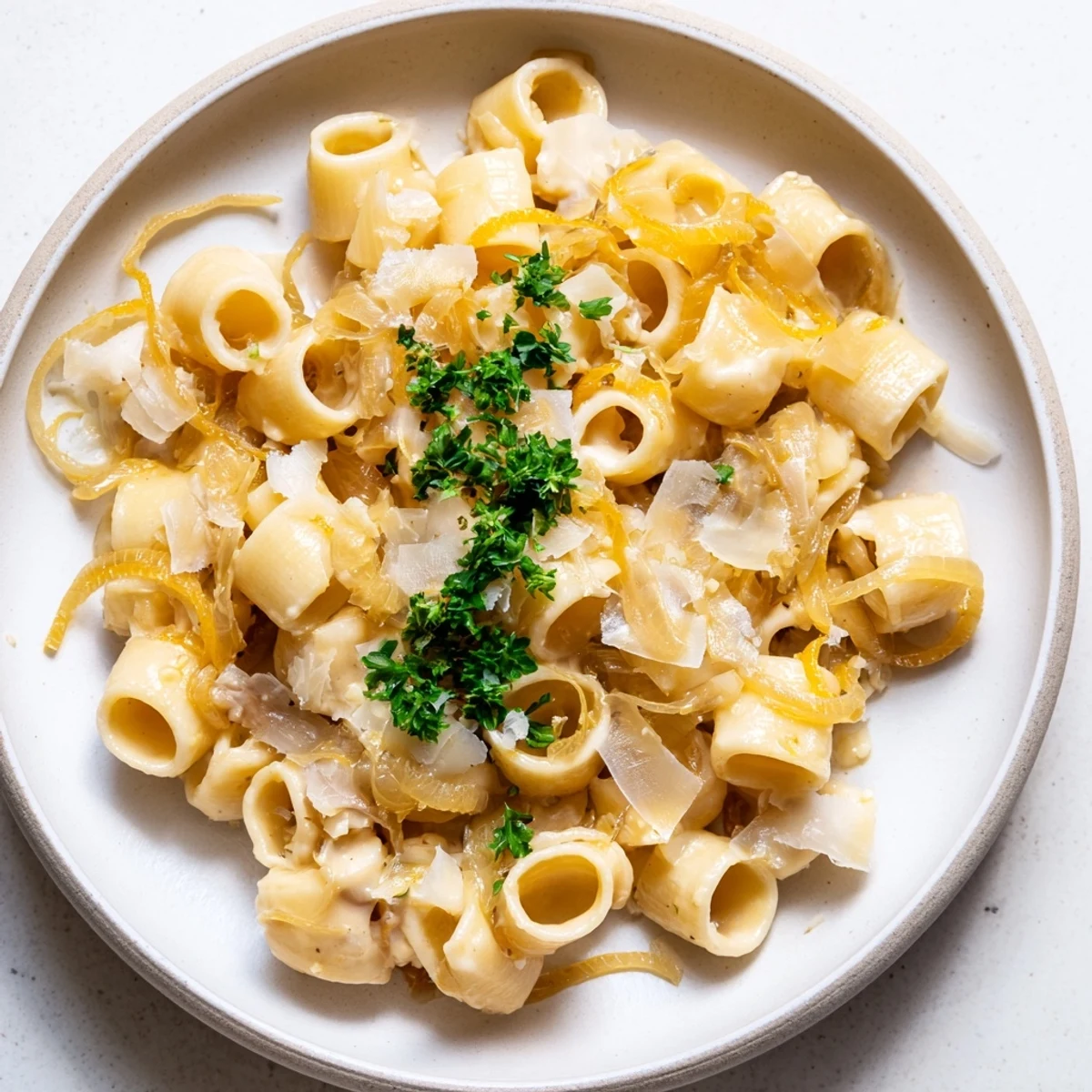 Golden Gruyère melts over Creamy French Onion Ditalini, a comforting vegetarian pasta dish.