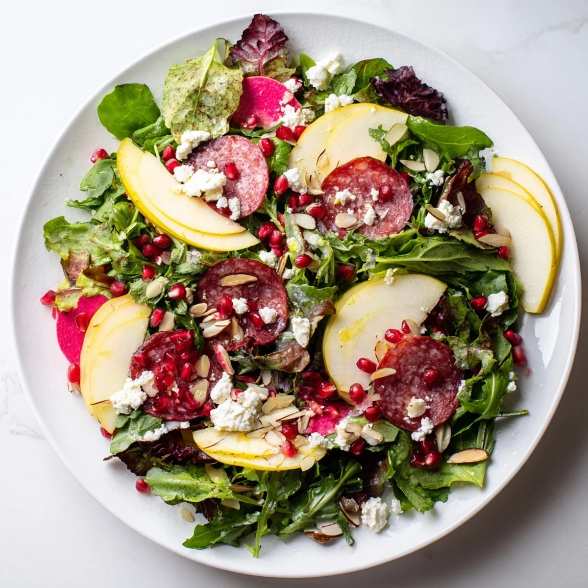 Vibrant Hot Girl Christmas Salad, featuring savory salami, crunchy apples, and festive pomegranate seeds.