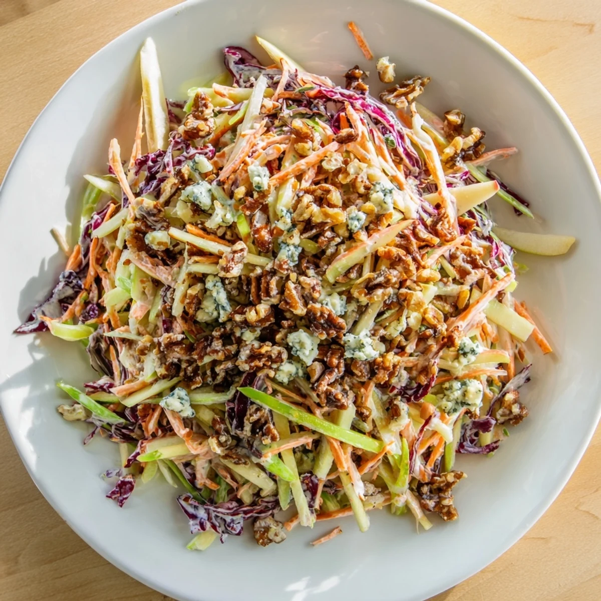 A close-up of the finished Crunchy Apple & Walnut Slaw, showcasing the fresh, vibrant, veggie ingredients.