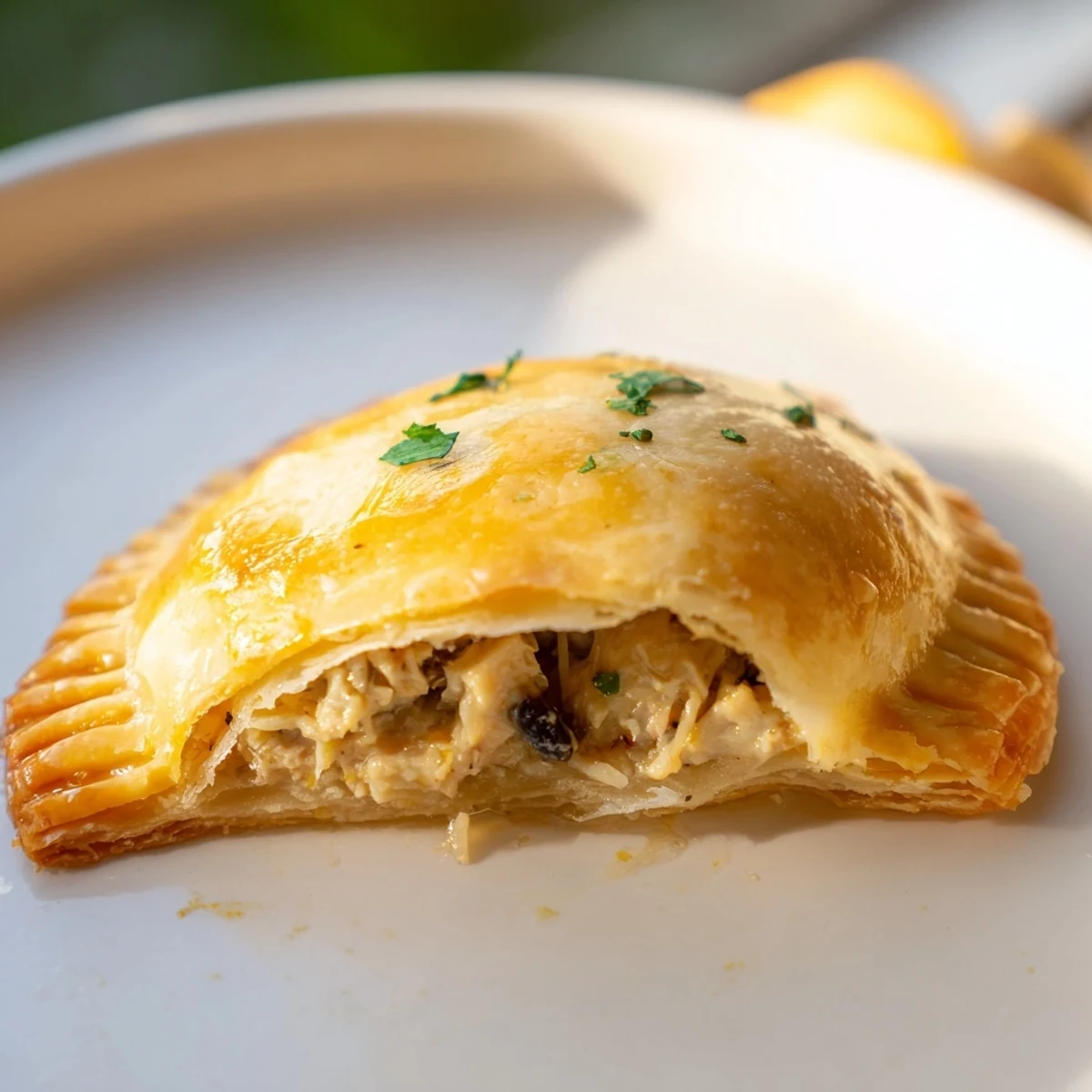 Golden-brown Chicken Piccata mini hand pies, flaky pastry wrapping a tangy, lemon-caper chicken filling.