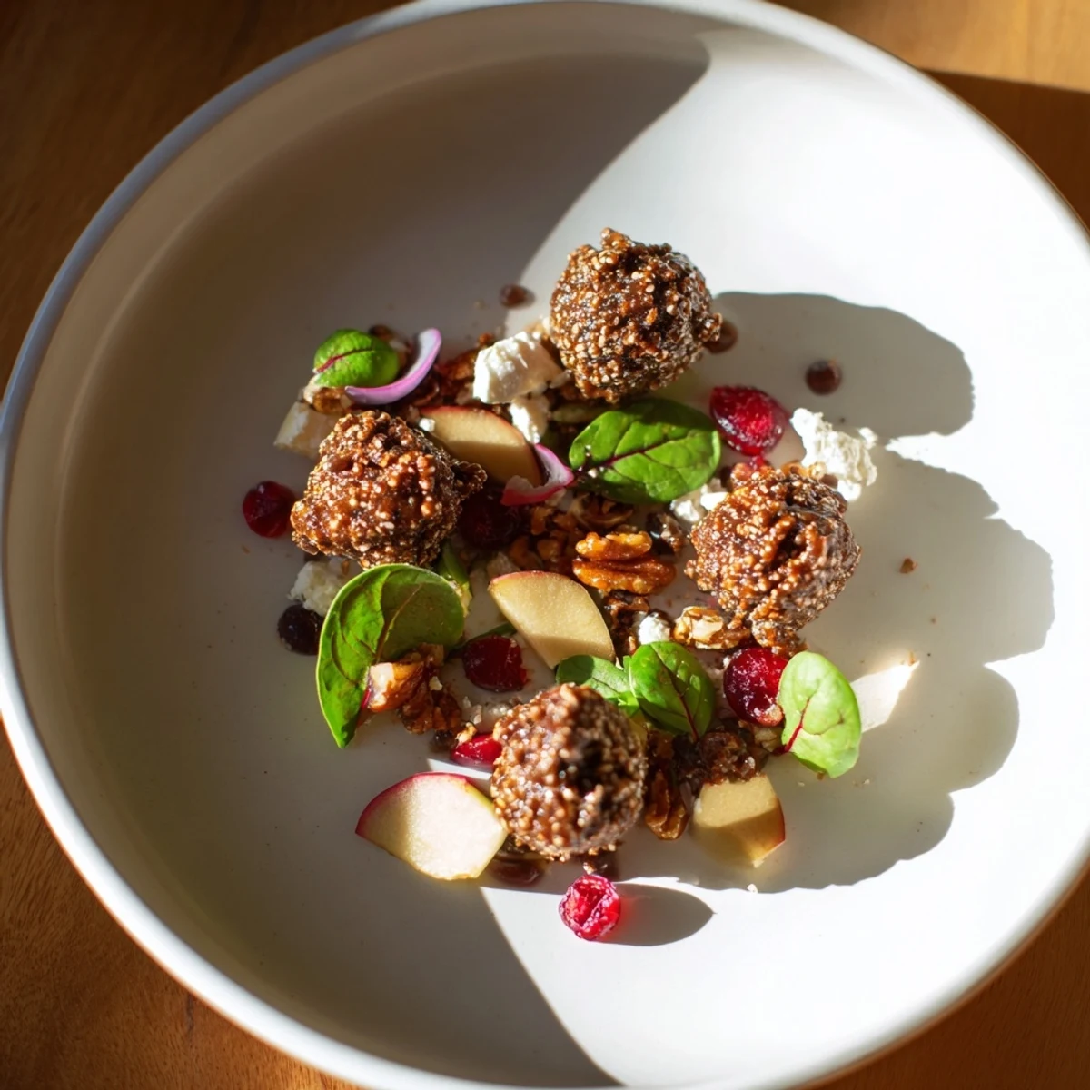 A colorful holiday salad with gingerbread spiced candied pecans, perfect for winter meals.