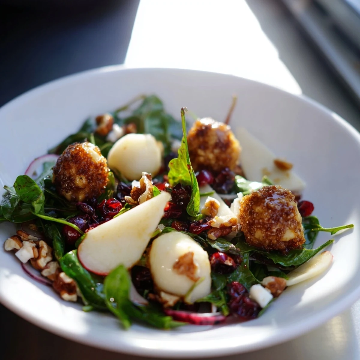 Close-up of a delicious gingerbread spiced candied pecan salad; the perfect vegetarian dish.