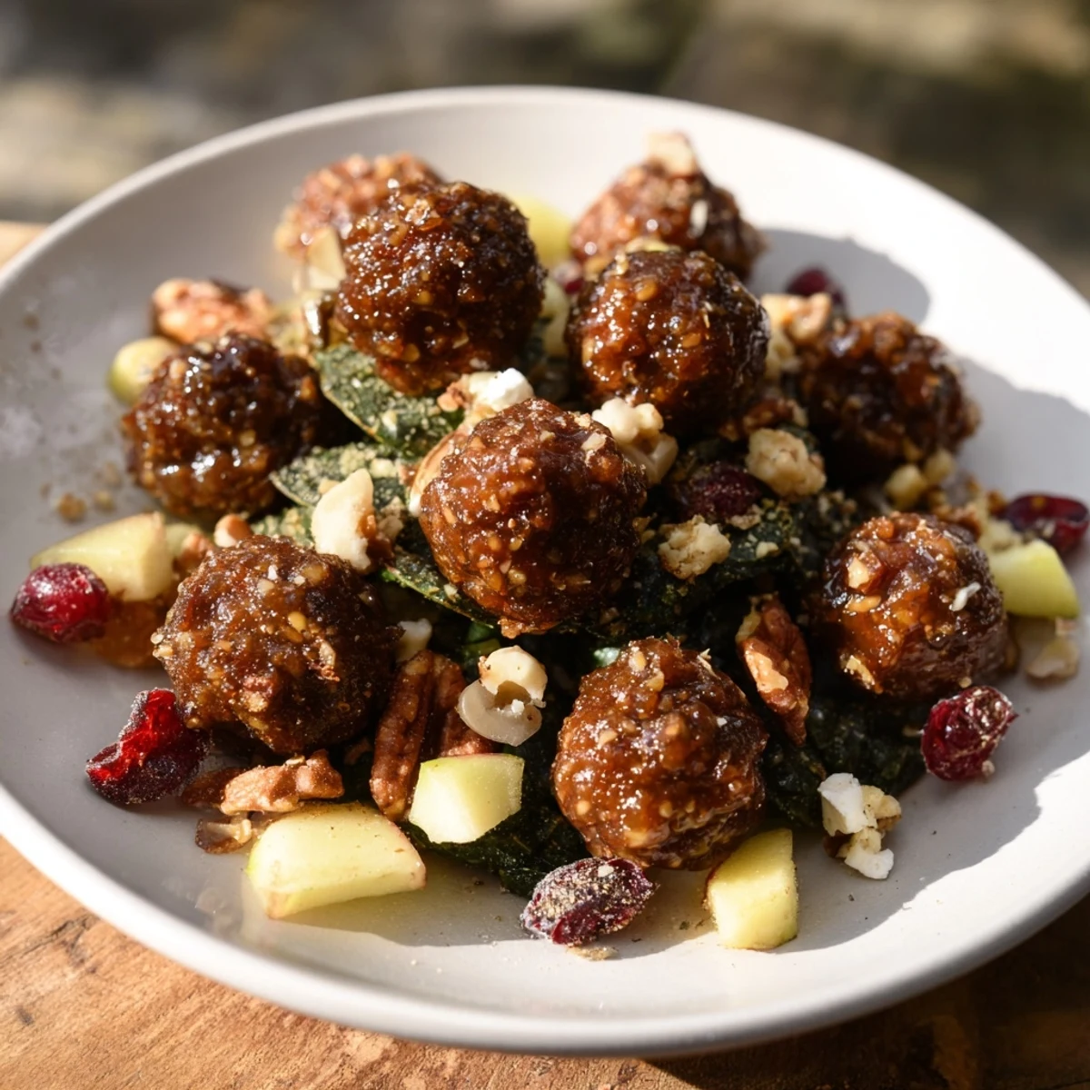 Gingerbread spiced candied pecan salad bursting with vibrant greens and creamy goat cheese.