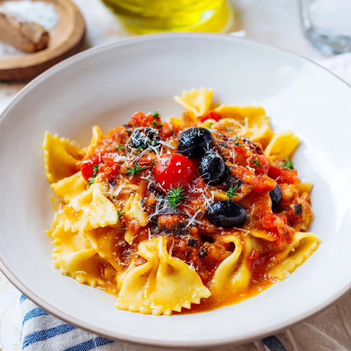 Flavorful Puttanesca Ditalini with bright flecks of parsley, offering a taste of Italy.