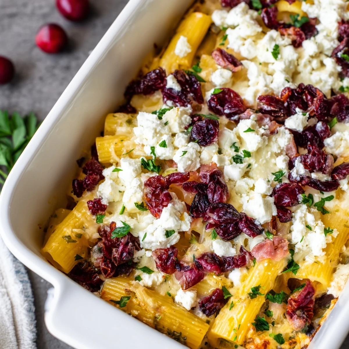 Golden, bubbly Cranberry-Sage Feta Pasta Bake, a delicious vegetarian comfort food with warm, inviting layers.