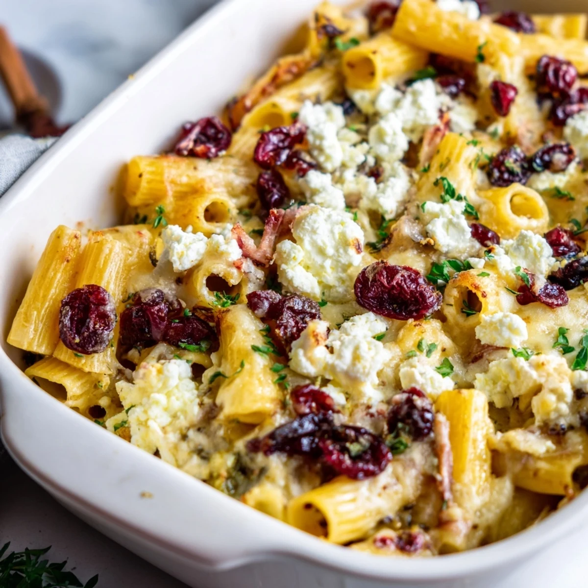 A close-up of a Cranberry-Sage Feta Pasta Bake, showing the creamy feta and tart cranberries.