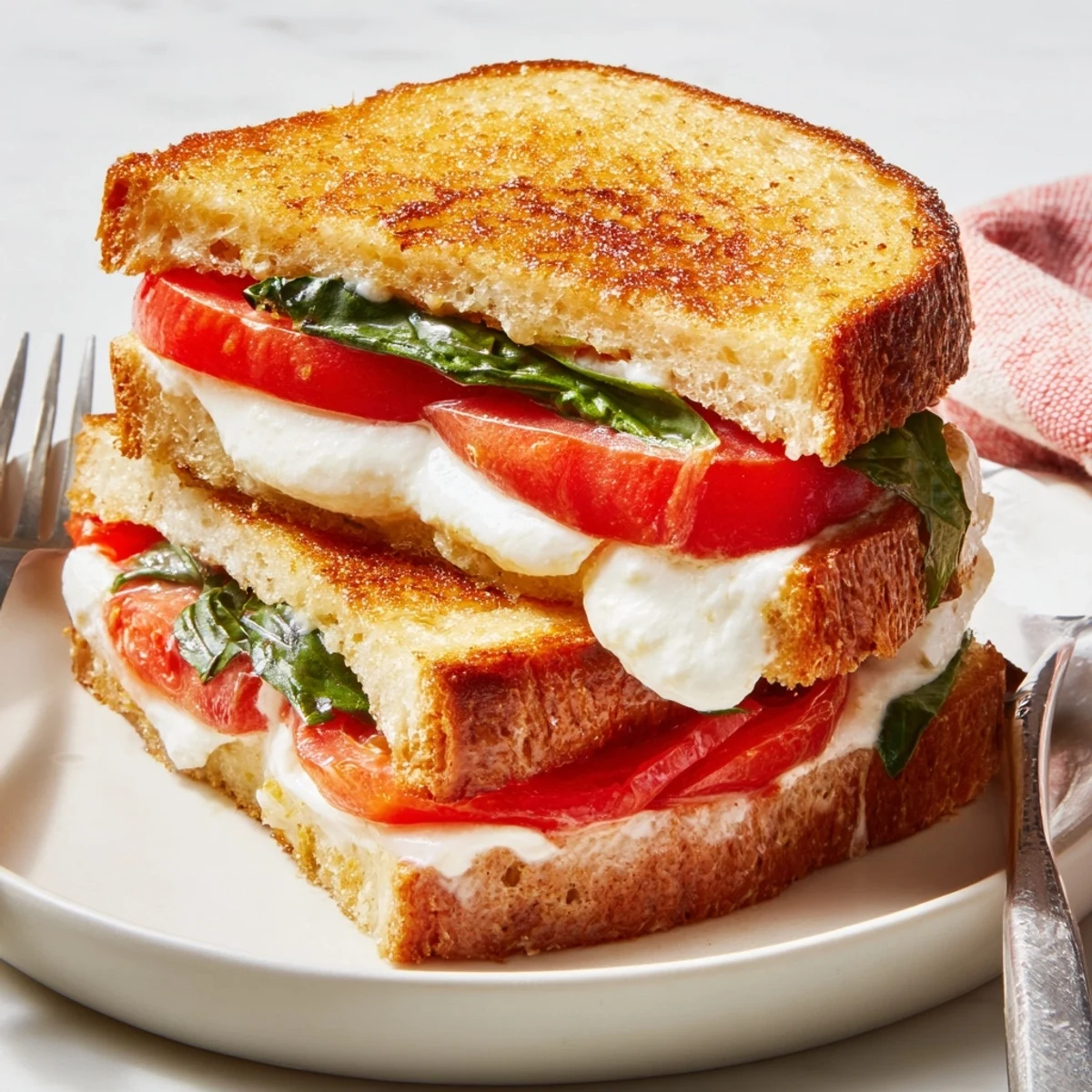 Warm, melty Tomato Basil Burrata Stuffed Grilled Cheese with golden, crispy bread, ready to enjoy.