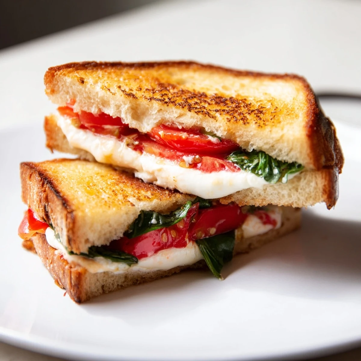 Freshly grilled Tomato Basil Burrata Stuffed Grilled Cheese; a savory sandwich oozing with creamy cheese and herbs.