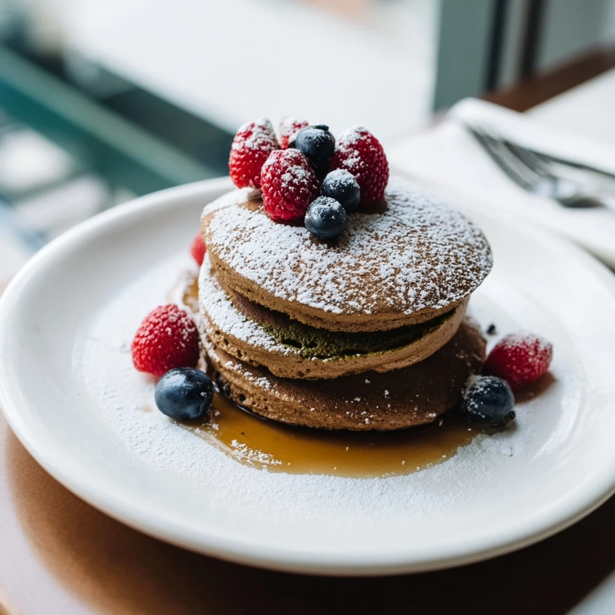 Fluffy Egg White Gingerbread Matcha Soufflé Pancakes, golden brown and garnished with powdered sugar and berries.