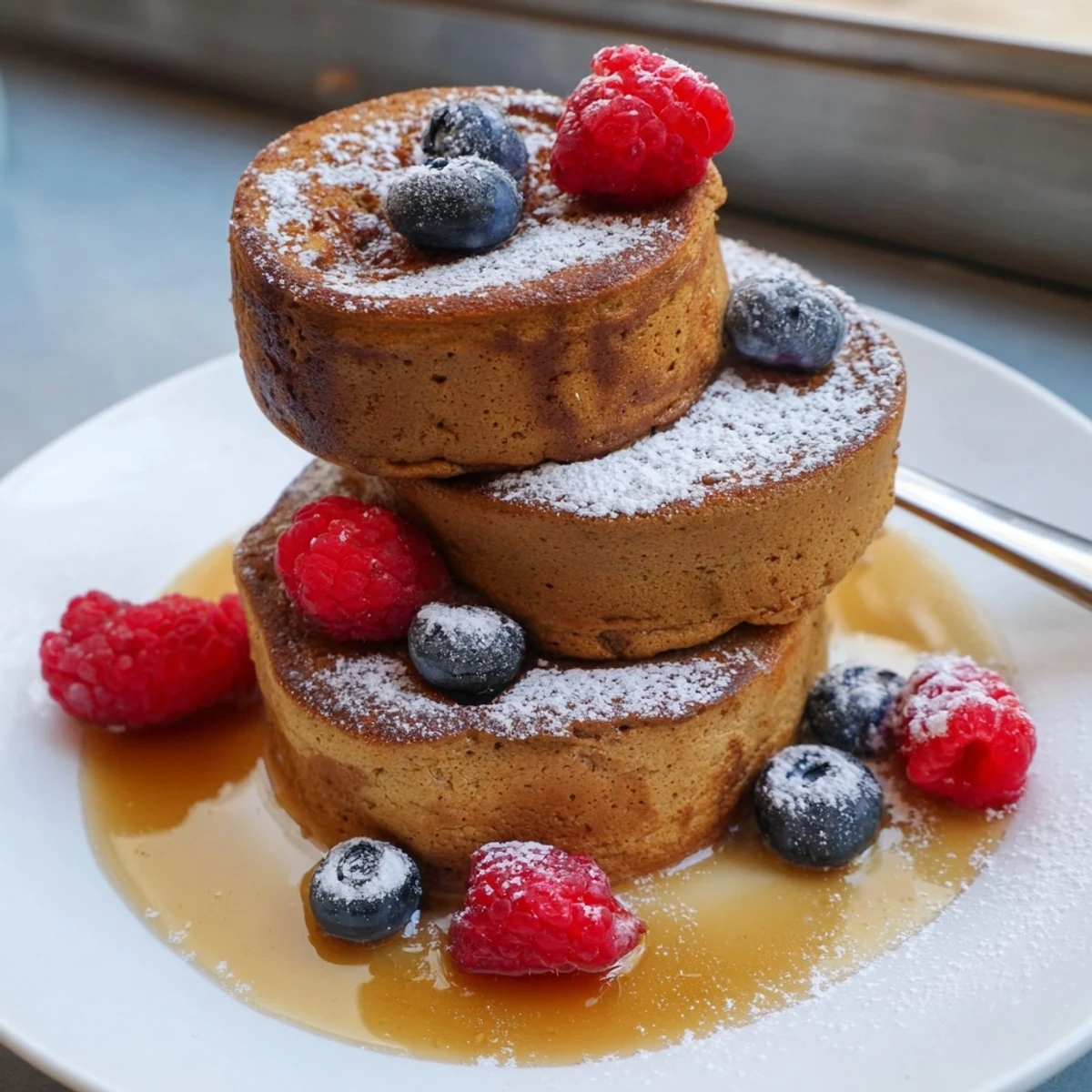 A stack of towering Egg White Gingerbread Matcha Soufflé Pancakes, soft with delightful gingerbread and matcha flavor.