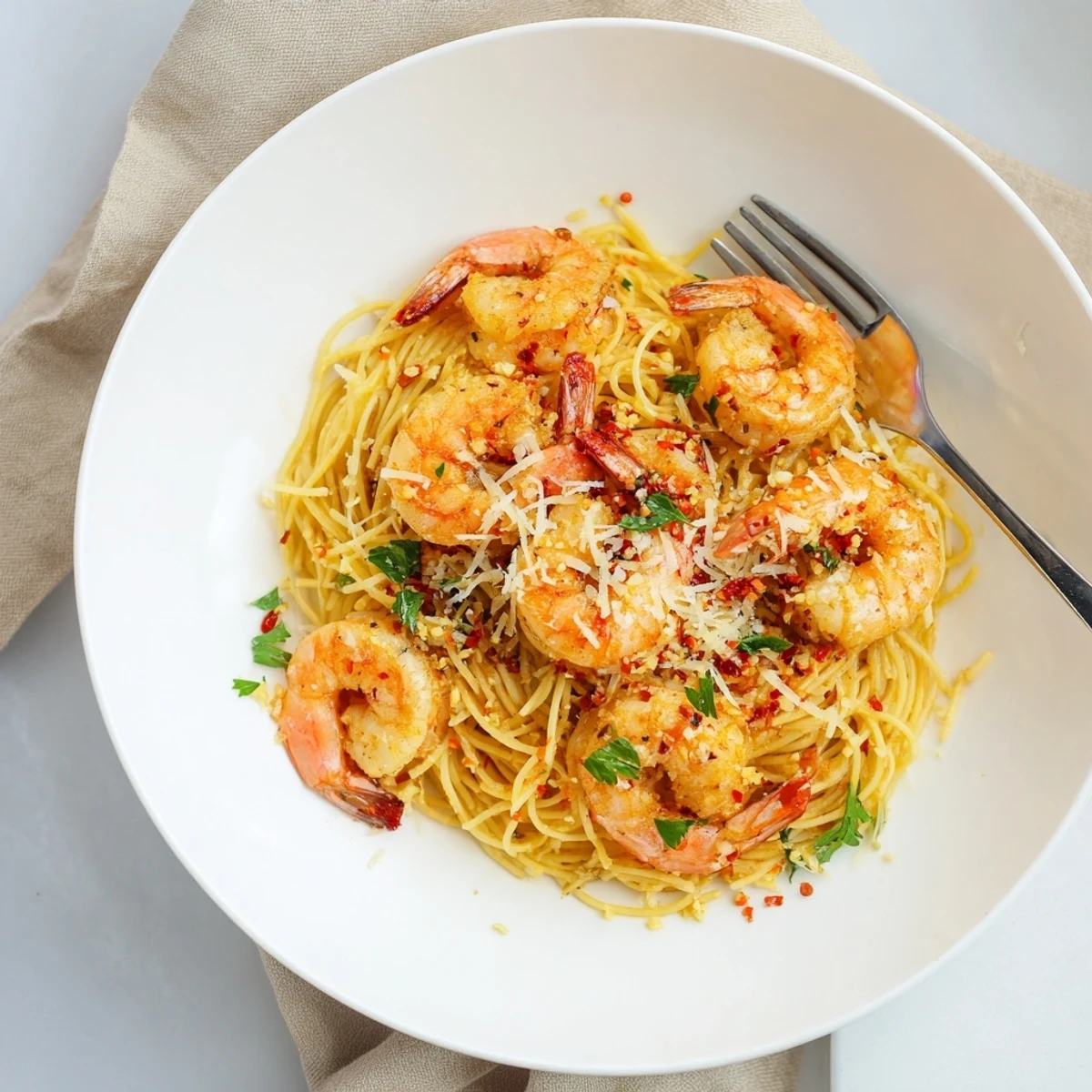 One-skillet lemon garlic shrimp angel hair pasta, a sizzling skillet meal with juicy shrimp and fragrant garlic.