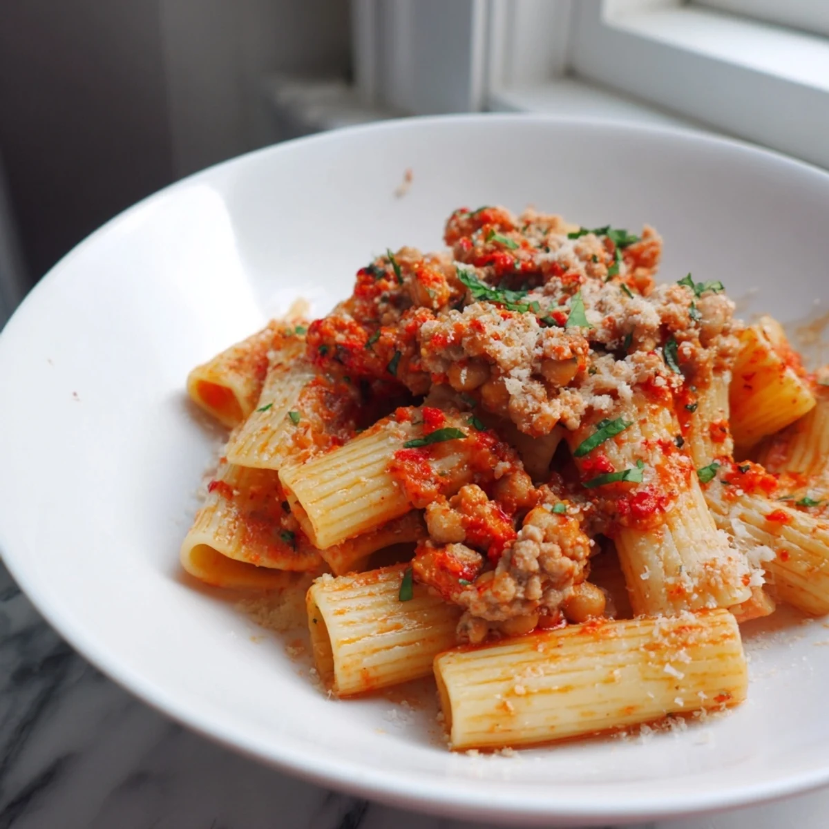 Spicy Arrabbiata Roasted Chickpea Crunch Pasta, a vibrant Italian meal with crispy chickpeas and fresh basil.