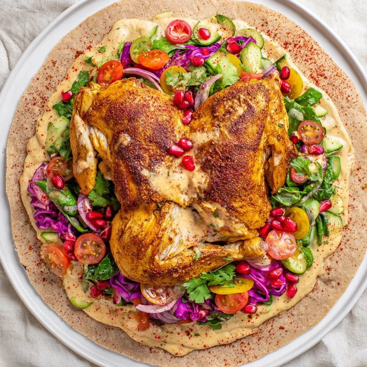 A close-up of a festive Greek Yogurt Chicken Shawarma Christmas Wrap, showcasing fresh herbs and vibrant spices.