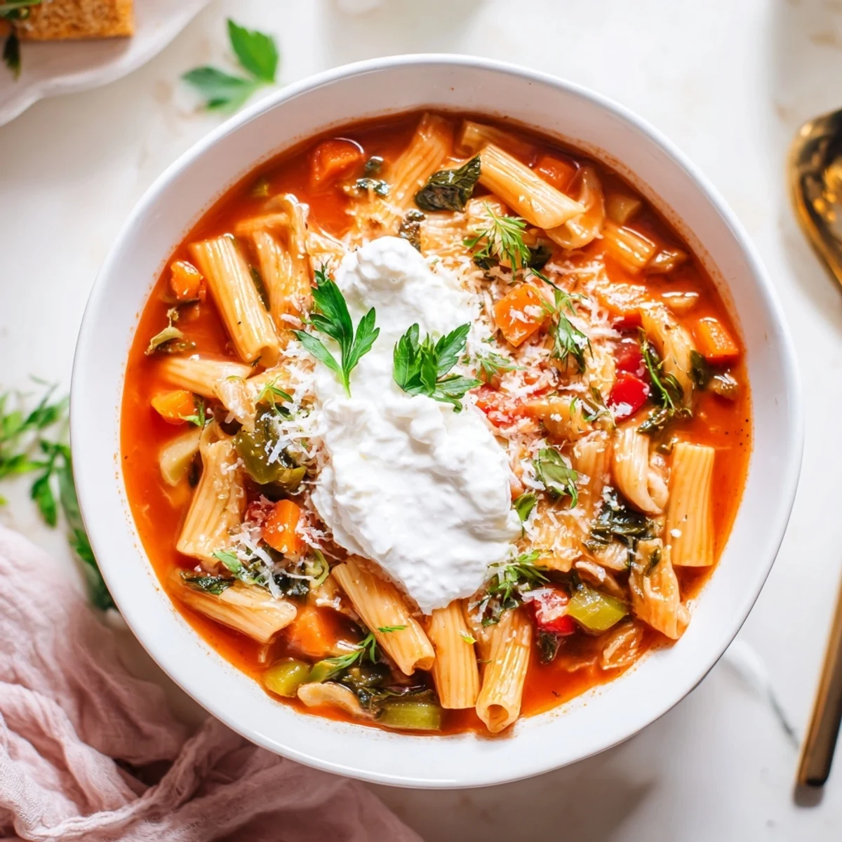 Hearty, steaming Healthy Lasagna Soup Christmas Pasta Bowl topped with melty cheese and fresh herbs.