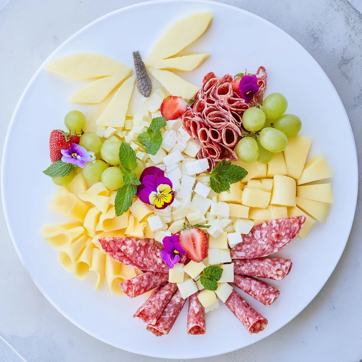 Delectable Butterfly Summer Board displaying assorted cheeses, colorful fruit, and edible flowers arranged beautifully.