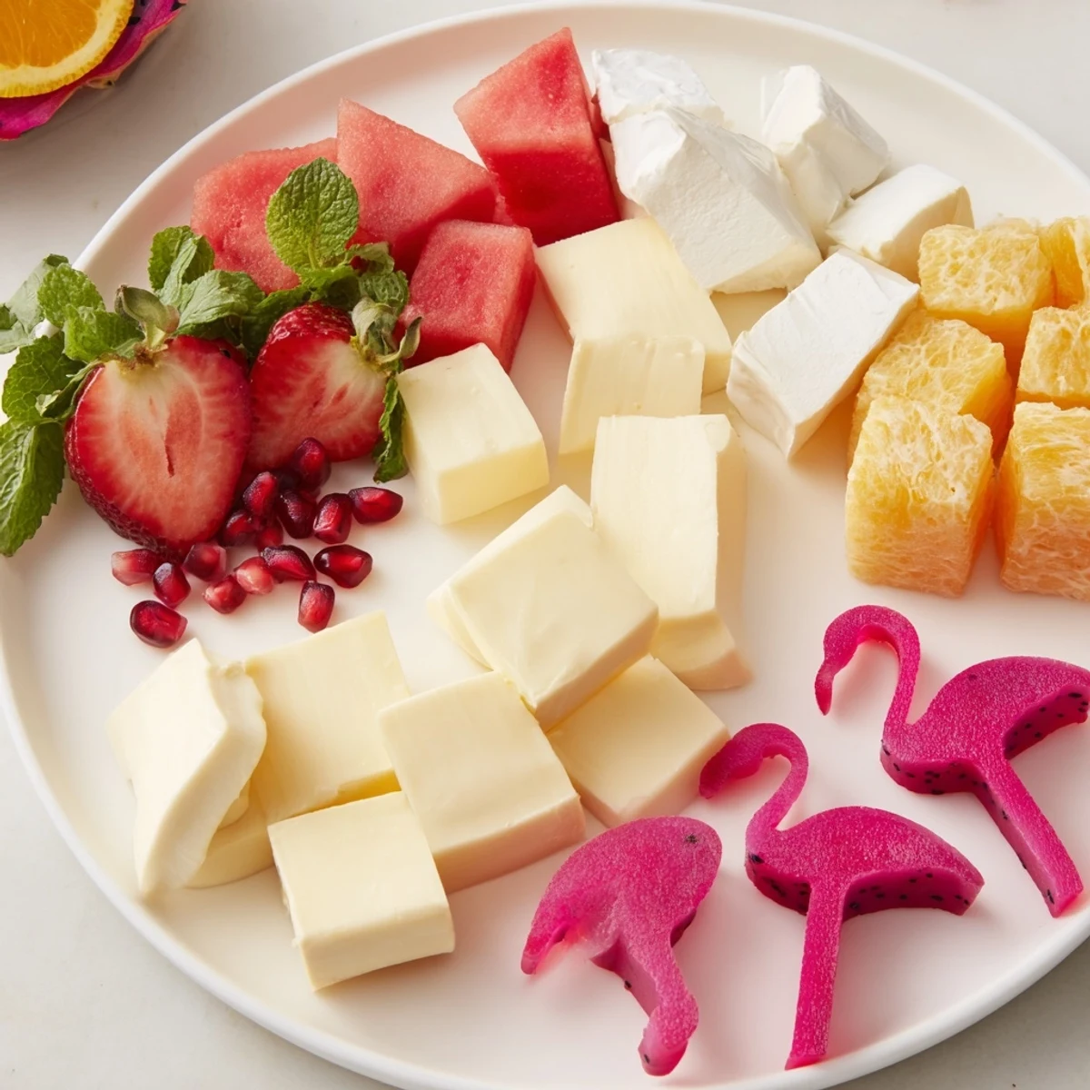 A colorful Flamingo Paradise Board, overflowing with vibrant fruit, cheeses, and charcuterie, ready to devour.