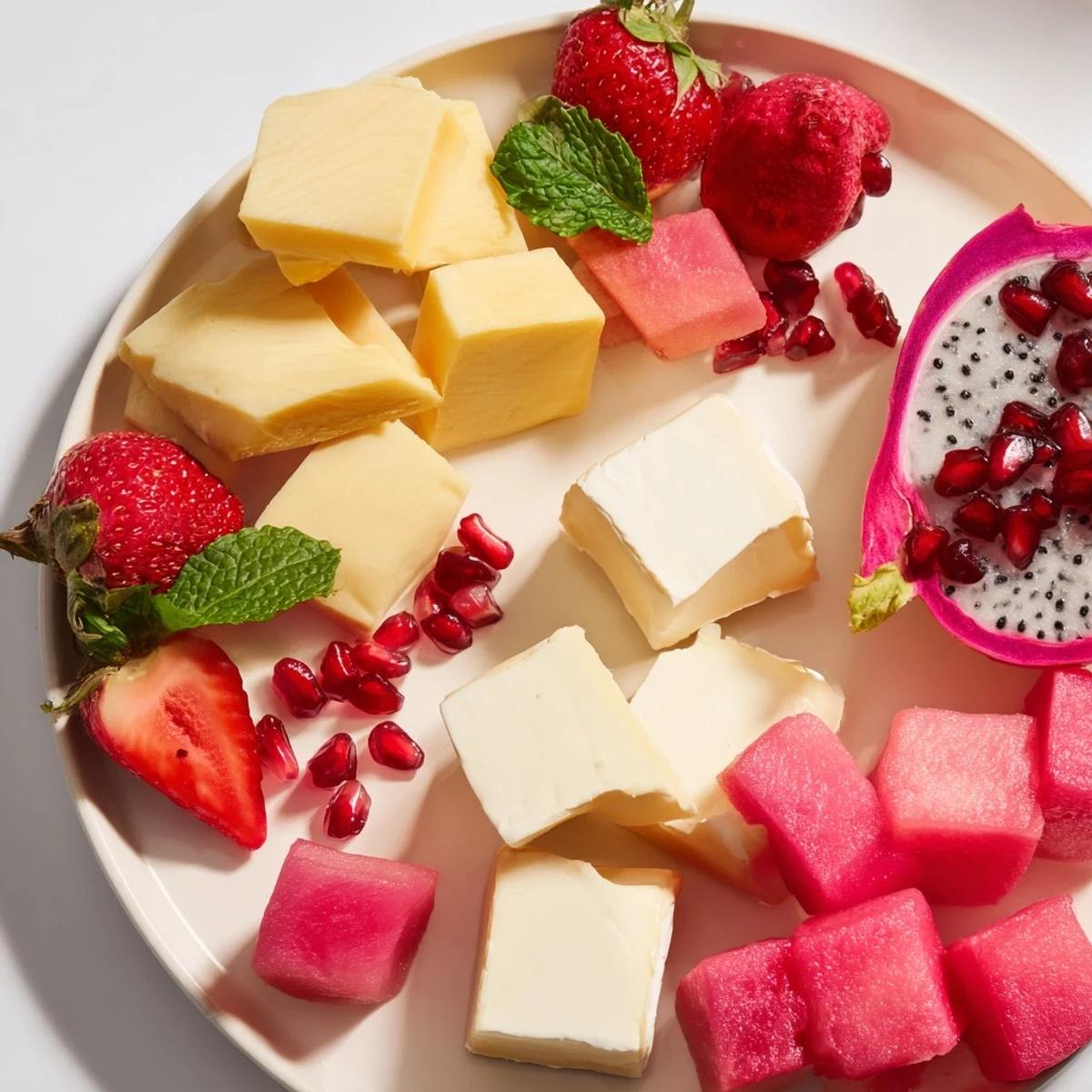 Imagine the delightful Flamingo Paradise Board, full of fresh fruits and nuts ready for your next party or gathering.