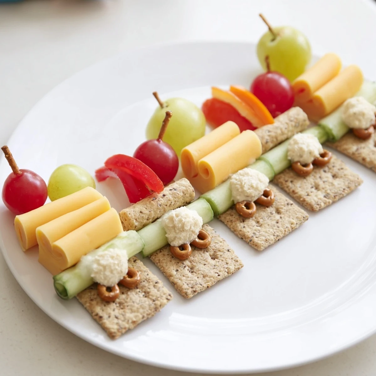Creative Choo Choo Train Snack Track, a fun train-shaped platter featuring colorful fruits and veggies.