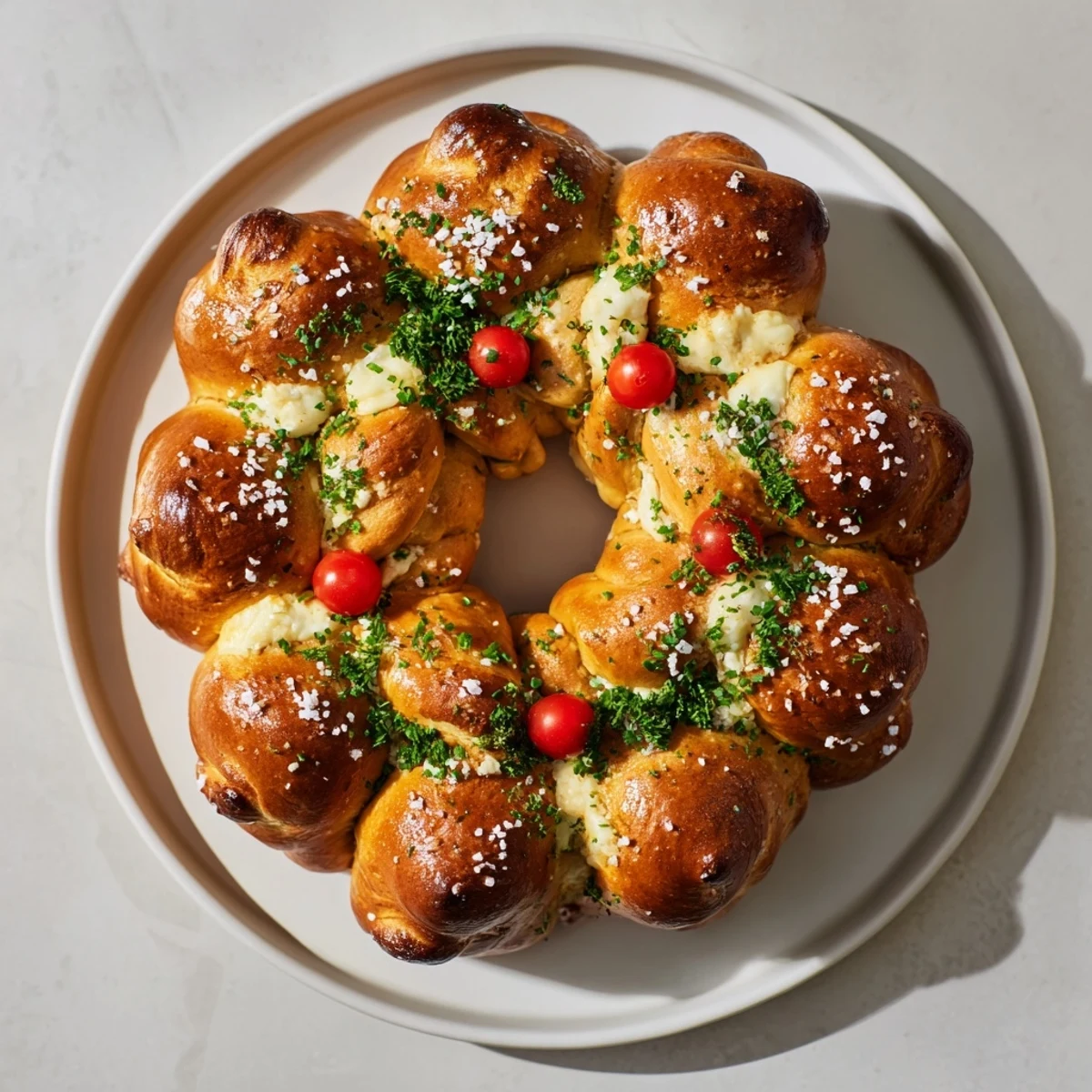 Warm, golden pretzel joy wreath appetizer ring, beautifully arranged on a platter ready to be shared with guests.