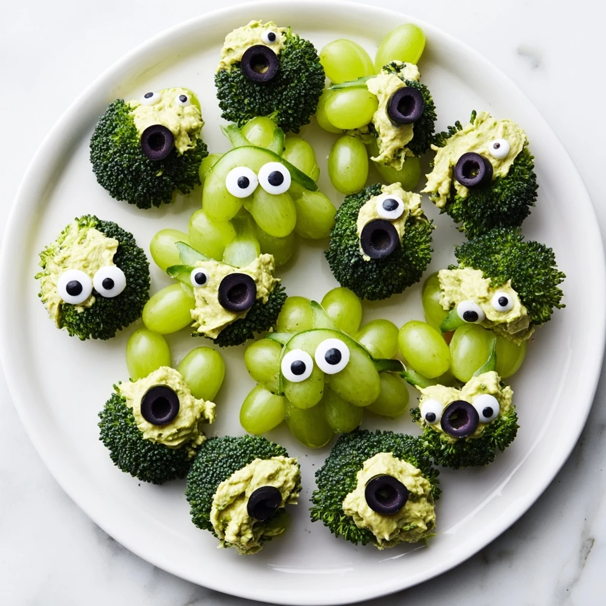 Vibrant Attaque dExtraterrestres Snacks Verts platter with crunchy green veggies, dips, and fun olive eyes.