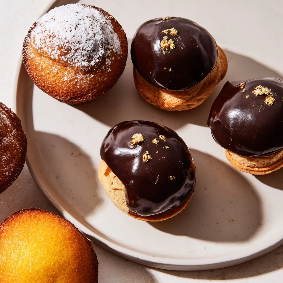 Miniature, colorful Piste de Train Mignardises, including fruit tartlets and chocolate puffs, arranged to resemble train tracks.