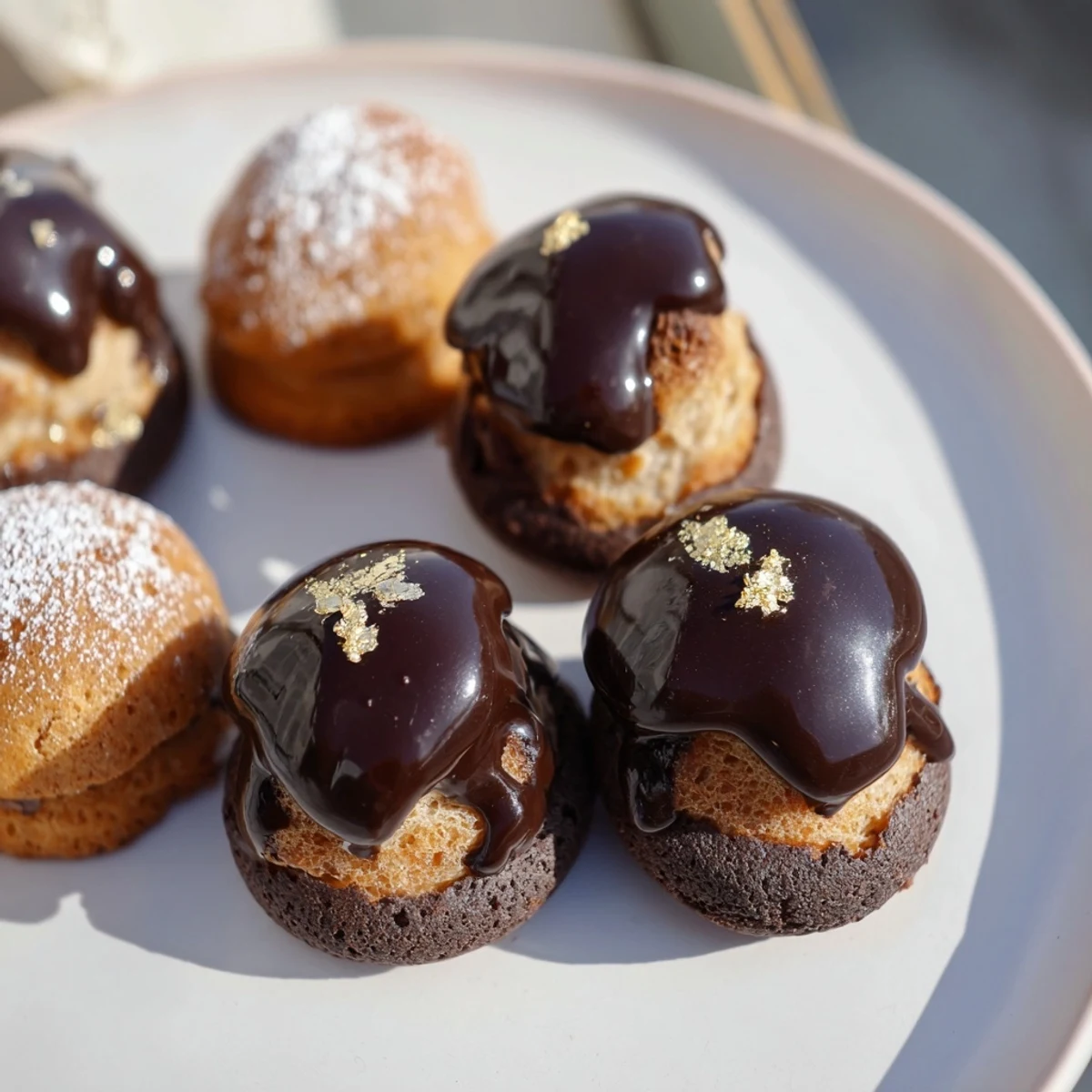 Delectable and intricate Piste de Train Mignardises, showing a close-up of the tiny pastries decorated with gold leaf.