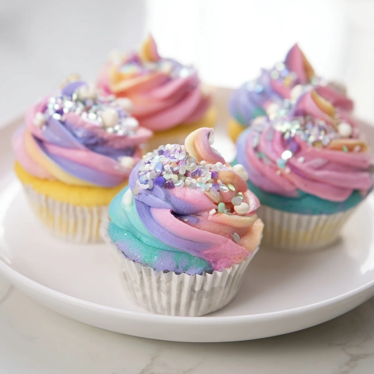 Festive Magical Unicorn Dessert Table overflowing with colorful cupcakes, cookies, and meringues for celebrations.