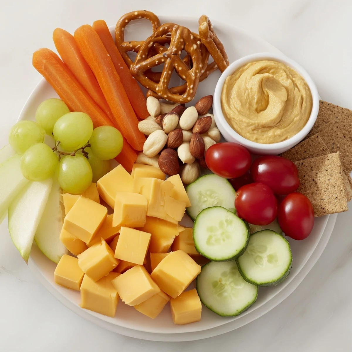 Freshly assembled road trip snack platter, featuring colorful veggies, cheeses, and delicious components.