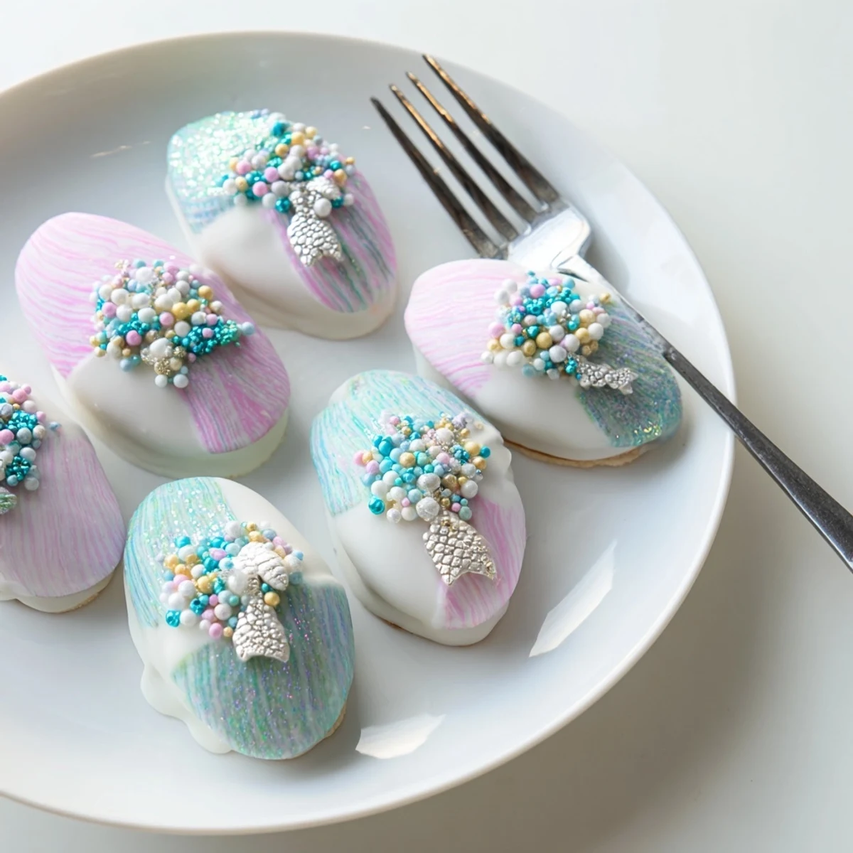 Delicate Mignardises Queue de Sirène, white chocolate-dipped, and sparkling with mermaid sprinkles, a dessert dream.