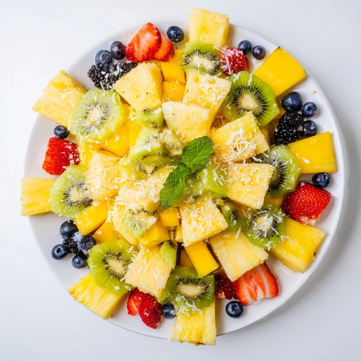 Vibrant tropical pineapple sun fruit platter, showcasing juicy pineapple wedges with colorful kiwi and mango.