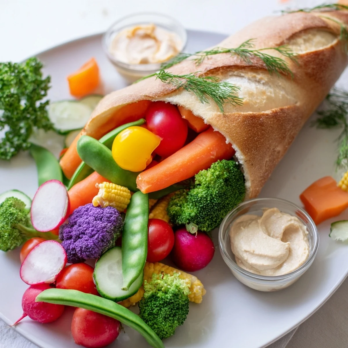 Vibrant Cornucopia Veggie Board bursting with colorful fresh vegetables alongside creamy ranch and hummus dips.